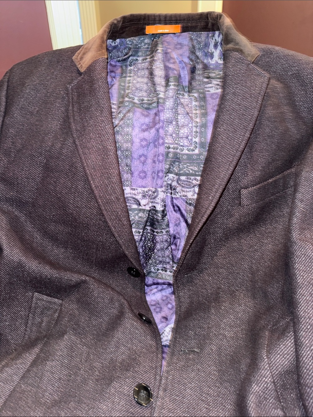 TALLIA Men's Deep Maroon Blazer with Purple Paisley Lining